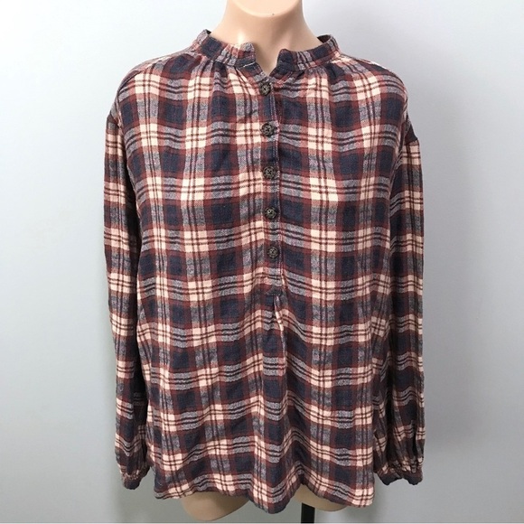 Free People Northern Bound Plaid Popover Button Up Top Small Fall - Picture 2 of 8